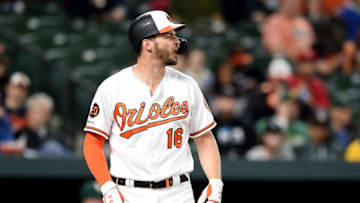 BALTIMORE, MD - APRIL 10: Trey Mancini #16 of the Baltimore Orioles reacts after striking out in the sixth inning against the Oakland Athletics at Oriole Park at Camden Yards on April 10, 2019 in Baltimore, Maryland. (Photo by Greg Fiume/Getty Images)