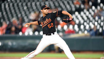 BALTIMORE, MD - APRIL 20: Branden Kline #52 of the Baltimore Orioles makes his major league debut in the seventh inning during game two of a doubleheader baseball game against the Minnesota Twins at Oriole Park at Camden Yards on April 20, 2019 in Washington, DC. (Photo by Mitchell Layton/Getty Images)
