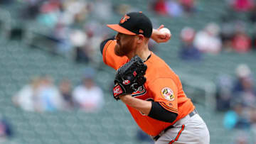 MINNEAPOLIS, MINNESOTA - APRIL 27: Dan Straily #53 of the Baltimore Orioles pitches in the second inning against the Minnesota Twins at Target Field on April 27, 2019 in Minneapolis, Minnesota. (Photo by Adam Bettcher/Getty Images)