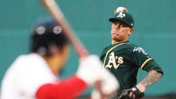 BOSTON, MA - APRIL 30: Aaron Brooks #35 of the Oakland Athletics pitches in the first inning against the Boston Red Sox at Fenway Park on April 30, 2019 in Boston, Massachusetts. (Photo by Adam Glanzman/Getty Images)