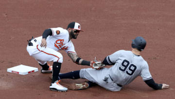 BALTIMORE, MARYLAND - APRIL 04: Jonathan Villar #2 of the Baltimore Orioles tags out Aaron Judge #99 of the New York Yankees stealing second base for the third out of the first inning at Oriole Park at Camden Yards on April 04, 2019 in Baltimore, Maryland. (Photo by Rob Carr/Getty Images)