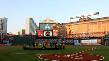 BALTIMORE, MARYLAND - APRIL 06: A general view during a ceremony honoring former player Frank Robinson who died earlier the year before the start of the Baltimore Orioles and New York Yankees game at Oriole Park at Camden Yards on April 06, 2019 in Baltimore, Maryland. (Photo by Rob Carr/Getty Images)