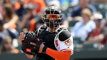 BALTIMORE, MARYLAND - APRIL 07: Catcher Pedro Severino #28 of the Baltimore Orioles looks on against the New York Yankees at Oriole Park at Camden Yards on April 07, 2019 in Baltimore, Maryland. (Photo by Rob Carr/Getty Images)