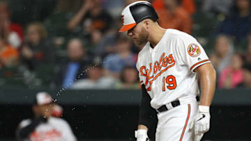 BALTIMORE, MARYLAND - APRIL 08: Chris Davis #19 of the Baltimore Orioles looks on before lining out against the Oakland Athletics during the third inning at Oriole Park at Camden Yards on April 8, 2019 in Baltimore, Maryland. According to the MLB, on the out, Davis tied the Major League record for consecutive at-bats without a hit by a position player. (Photo by Patrick Smith/Getty Images)