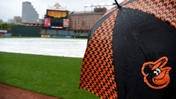 BALTIMORE, MD - MAY 05: A general view of an umbrella during a rain delay before the game between the Baltimore Orioles and the Tampa Bay Rays at Oriole Park at Camden Yards on May 5, 2019 in Baltimore, Maryland. Today's game was called due to rain. (Photo by Will Newton/Getty Images)