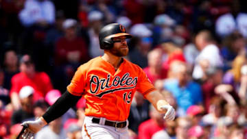 BOSTON, MASSACHUSETTS - APRIL 13: Chris Davis #19 of the Baltimore Orioles looks on after hitting a single at the top of the first inning of the game against the Boston Red Sox at Fenway Park on April 13, 2019 in Boston, Massachusetts. (Photo by Omar Rawlings/Getty Images)