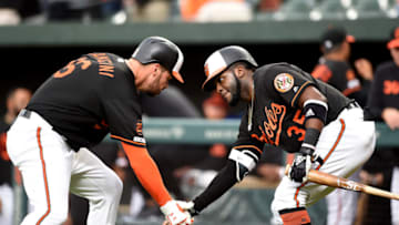 BALTIMORE, MD - MAY 10: Trey Mancini #16 of the Baltimore Orioles celebrates with Dwight Smith Jr. #35 after hitting a home run in the first inning against the Los Angeles Angels at Oriole Park at Camden Yards on May 10, 2019 in Baltimore, Maryland. (Photo by Greg Fiume/Getty Images)