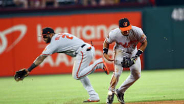 ARLINGTON, TX - JUNE 04: Jonathan Villar #2 of the Baltimore Orioles backs up Richie Martin #1 in the seventh inning against the Texas Rangers at Globe Life Park in Arlington on June 4, 2019 in Arlington, Texas. (Photo by Rick Yeatts/Getty Images)