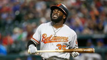 ARLINGTON, TX - JUNE 5: Dwight Smith Jr. #35 of the Baltimore Orioles reacts after fouling off a pitch against the Texas Rangers during the sixth inning at Globe Life Park in Arlington on June 5, 2019 in Arlington, Texas. The Rangers won 2-1 in twelve innings. (Photo by Ron Jenkins/Getty Images)