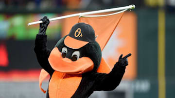 BALTIMORE, MD - APRIL 24: The Baltimore Orioles mascot celebrates after a victory against the Chicago White Sox at Oriole Park at Camden Yards on April 24, 2019 in Baltimore, Maryland. (Photo by G Fiume/Getty Images)