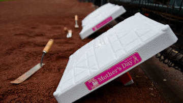 A detailed view of Mother's Day themed Major League Baseball bases prior to a Baltimore Orioles game. (Photo by Will Newton/Getty Images)