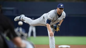 SAN DIEGO, CA - JUNE 17: Jhoulys Chacin #45 of the Milwaukee Brewers pitches during the first inning of a baseball game against the San Diego Padres at Petco Park June 17, 2019 in San Diego, California. (Photo by Denis Poroy/Getty Images)