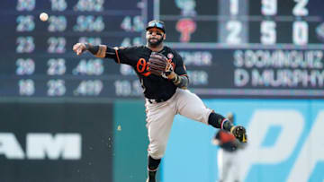 CLEVELAND, OH - MAY 18: Jonathan Villar #2 of the Baltimore Orioles throws to first base against the Cleveland Indians in the eighth inning at Progressive Field on May 18, 2019 in Cleveland, Ohio. The Indians defeated the Orioles 4-1. (Photo by David Maxwell/Getty Images)