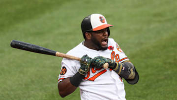 BALTIMORE, MARYLAND - MAY 27: Hanser Alberto #57 of the Baltimore Orioles reacts to an inside pitch against the Detroit Tigers in the sixth inning at Oriole Park at Camden Yards on May 27, 2019 in Baltimore, Maryland. (Photo by Rob Carr/Getty Images)