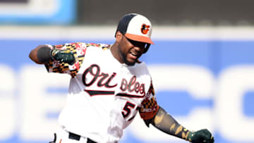 BALTIMORE, MD - JUNE 29: Hanser Alberto #57 of the Baltimore Orioles celebrates a double that scores Chance Sisco #15 (not pitcured) in the second inning during a baseball game against the Cleveland Indians at Oriole Park at Camden Yards on June 29, 2019 in Baltimore, Maryland. (Photo by Mitchell Layton/Getty Images)
