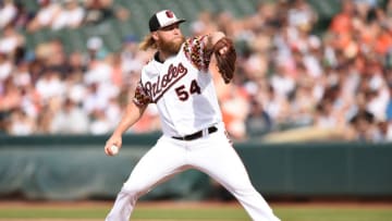 BALTIMORE, MD - JUNE 29: Andrew Cashner #54 of the Baltimore Orioles pitches in the second inning during a baseball game against the Cleveland Indians at Oriole Park at Camden Yards on June 29, 2019 in Baltimore, Maryland. (Photo by Mitchell Layton/Getty Images)