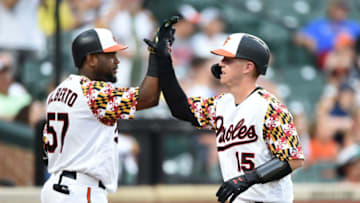 BALTIMORE, MD - JUNE 29: Chance Sisco #15 of the Baltimore Orioles celebrates a two run home run with Hanser Alberto #57 in the sixth inning during a baseball game against the Cleveland Indians at Oriole Park at Camden Yards on June 29, 2019 in Baltimore, Maryland. (Photo by Mitchell Layton/Getty Images)