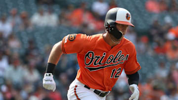 BALTIMORE, MARYLAND - JUNE 01: Stevie Wilkerson #12 of the Baltimore Orioles runs against the San Francisco Giants at Oriole Park at Camden Yards on June 1, 2019 in Baltimore, Maryland. (Photo by Patrick Smith/Getty Images)