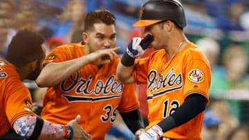TORONTO, ONTARIO - JULY 6: Stevie Wilkerson #12 of the Baltimore Orioles celebrates his home run with teammate Renato Nunez #39 and Jonathan Villar #2 against the Toronto Blue Jays in the ninth inning during their MLB game at the Rogers Centre on July 6, 2019 in Toronto, Canada. (Photo by Mark Blinch/Getty Images)