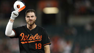 BALTIMORE, MARYLAND - JUNE 14: Chris Davis #19 of the Baltimore Orioles reacts after popping out against the Boston Red Sox during the fourth inning at Oriole Park at Camden Yards on June 14, 2019 in Baltimore, Maryland. (Photo by Patrick Smith/Getty Images)