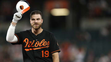 BALTIMORE, MARYLAND - JUNE 14: Chris Davis #19 of the Baltimore Orioles reacts after popping out against the Boston Red Sox during the fourth inning at Oriole Park at Camden Yards on June 14, 2019 in Baltimore, Maryland. (Photo by Patrick Smith/Getty Images)