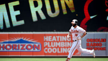 BALTIMORE, MD - JULY 21: Trey Mancini #16 of the Baltimore Orioles rounds the bases after hitting a home run during the first inning against the Boston Red Sox at Oriole Park at Camden Yards on July 21, 2019 in Baltimore, Maryland. (Photo by Will Newton/Getty Images)