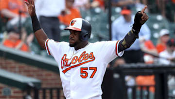 BALTIMORE, MARYLAND - JUNE 26: Hanser Alberto #57 of the Baltimore Orioles celebrates after scoring a run in the first inning against the San Diego Padres at Oriole Park at Camden Yards on June 26, 2019 in Baltimore, Maryland. (Photo by Rob Carr/Getty Images)