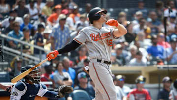SAN DIEGO, CA - JULY 30: Chris Davis #19 of the Baltimore Orioles hits a solo home run during the eighth inning of a baseball game against the San Diego Padres at Petco Park July 30, 2019 in San Diego, California. (Photo by Denis Poroy/Getty Images)