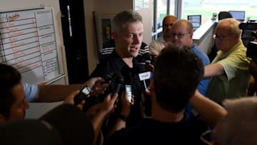 BALTIMORE, MD - AUGUST 01: General Manager Mike Elias of the Baltimore Orioles talks to the media before the game against the Toronto Blue Jays at Oriole Park at Camden Yards on August 1, 2019 in Baltimore, Maryland. (Photo by Greg Fiume/Getty Images)