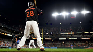 BALTIMORE, MD - AUGUST 02: Pedro Severino #28 of the Baltimore Orioles on-deck during the sixth inning against the Toronto Blue Jays at Oriole Park at Camden Yards on August 2, 2019 in Baltimore, Maryland. (Photo by Will Newton/Getty Images)