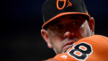 BALTIMORE, MD - AUGUST 02: Manager Brandon Hyde #18 of the Baltimore Orioles looks on during the game against the Toronto Blue Jays at Oriole Park at Camden Yards on August 2, 2019 in Baltimore, Maryland. (Photo by Will Newton/Getty Images)