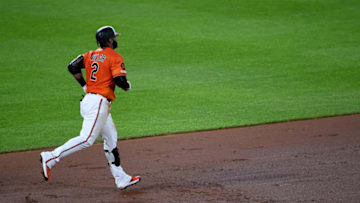 BALTIMORE, MD - AUGUST 03: Jonathan Villar #2 of the Baltimore Orioles rounds the bases after hitting a solo home run during the fifth inning against the Toronto Blue Jays at Oriole Park at Camden Yards on August 3, 2019 in Baltimore, Maryland. (Photo by Will Newton/Getty Images)