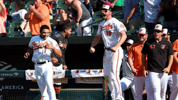 BALTIMORE, MD - AUGUST 11: Trey Mancini #16 and Richie Martin #1 of the Baltimore Orioles react after Rio Ruiz #14 hit a walk-off home run during the ninth inning against the Houston Astros at Oriole Park at Camden Yards on August 11, 2019 in Baltimore, Maryland. (Photo by Will Newton/Getty Images)