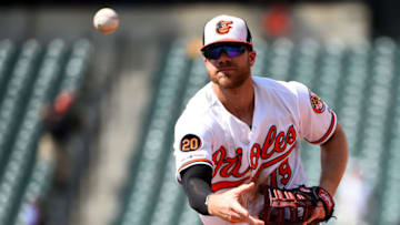 BALTIMORE, MD - JULY 21: Chris Davis #19 of the Baltimore Orioles tosses the ball to first base during the game against the Boston Red Sox at Oriole Park at Camden Yards on July 21, 2019 in Baltimore, Maryland. (Photo by Will Newton/Getty Images)