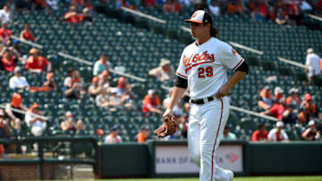 BALTIMORE, MD - JULY 21: Asher Wojciechowski #29 of the Baltimore Orioles walks off the field during the game against the Boston Red Sox at Oriole Park at Camden Yards on July 21, 2019 in Baltimore, Maryland. (Photo by Will Newton/Getty Images)
