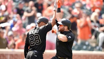BALTIMORE, MD - AUGUST 25: DJ Stewart #24 of the Baltimore Orioles celebrates scoring a run with Pedro Severino #28 on a Stevie WIkerson #12 (not pictured) hit in the fifth inning during a baseball game against the Tampa Bay Rays at Oriole Park at Camden Yards on August 25, 2019 in Baltimore, Maryland. Teams are wearing special color schemed uniforms with players choosing nicknames to display for Players' Weekend. (Photo by Mitchell Layton/Getty Images)