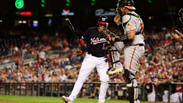 WASHINGTON, DC - AUGUST 27: Pedro Severino #28 of the Baltimore Orioles celebrates after Asdrubal Cabrera #13 of the Washington Nationals struck out swinging with the bases loaded in the eighth inning during the interleague game at Nationals Park on August 27, 2019 in Washington, DC. (Photo by Patrick McDermott/Getty Images)