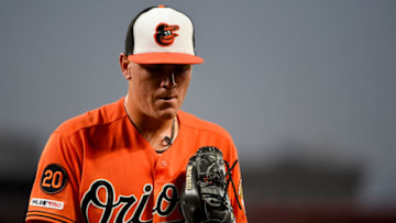 BALTIMORE, MD - SEPTEMBER 07: Aaron Brooks #38 of the Baltimore Orioles walks off the field after the first inning against the Texas Rangers at Oriole Park at Camden Yards on September 7, 2019 in Baltimore, Maryland. (Photo by Will Newton/Getty Images)