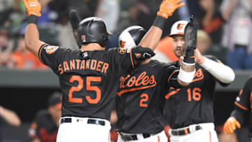 BALTIMORE, MD - SEPTEMBER 20: Anthony Santander #25 of the Baltimore Orioles celebrates a three run home run in the first inning with Jonathan Villar #2 and Trey Mancini #16 during a baseball game against the Seattle Mariners at Oriole park at Camden Yards on September 20, 2019 in Baltimore, Maryland. (Photo by Mitchell Layton/Getty Images)