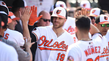 BALTIMORE, MD - SEPTEMBER 22: Chris Davis #19 of the Baltimore Orioles celebrates a solo home run in the eighth inning during a baseball game against the Seattle Mariners at Oriole Park at Camden Yards on September 22, 2019 in Baltimore, Maryland. (Photo by Mitchell Layton/Getty Images)