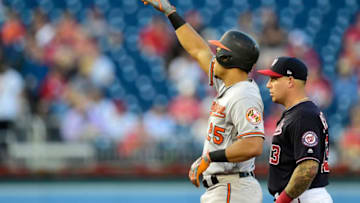 WASHINGTON, DC - AUGUST 27: Anthony Santander #25 of the Baltimore Orioles celebrates after hitting an RBI double scoring Hanser Alberto #57 in the first inning against the Washington Nationals during the interleague game at Nationals Park on August 27, 2019 in Washington, DC. (Photo by Patrick McDermott/Getty Images)