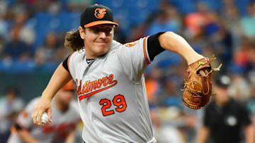 ST PETERSBURG, FLORIDA - SEPTEMBER 02: Asher Wojciechowski #29 of the Baltimore Orioles pitches to the Tampa Bay Rays in the first inning of a baseball game at Tropicana Field on September 02, 2019 in St Petersburg, Florida. (Photo by Julio Aguilar/Getty Images)