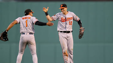 BOSTON, MASSACHUSETTS - SEPTEMBER 29: Stevie Wilkerson #12 of the Baltimore Orioles celebrates with Richie Martin #1 after catching a fly ball from Jackie Bradley Jr. #19 of the Boston Red Sox during the eighth inning at Fenway Park on September 29, 2019 in Boston, Massachusetts. (Photo by Maddie Meyer/Getty Images)