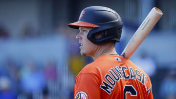 NORTH PORT, FL - FEBRUARY 22: Ryan Mountcastle #6 of the Baltimore Orioles looks on while waiting to bat during a Grapefruit League spring training game against the Atlanta Braves at CoolToday Park on February 22, 2020 in North Port, Florida. The Braves defeated the Orioles 5-0. (Photo by Joe Robbins/Getty Images)