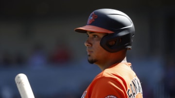 NORTH PORT, FL - FEBRUARY 22: Anthony Santander #25 of the Baltimore Orioles looks on during a Grapefruit League spring training game against the Atlanta Braves at CoolToday Park on February 22, 2020 in North Port, Florida. The Braves defeated the Orioles 5-0. (Photo by Joe Robbins/Getty Images)
