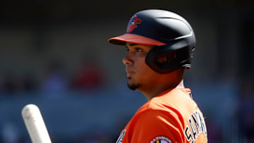 NORTH PORT, FL - FEBRUARY 22: Anthony Santander #25 of the Baltimore Orioles looks on during a Grapefruit League spring training game against the Atlanta Braves at CoolToday Park on February 22, 2020 in North Port, Florida. The Braves defeated the Orioles 5-0. (Photo by Joe Robbins/Getty Images)