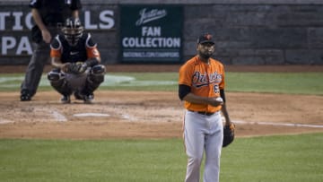 WASHINGTON, DC - JULY 21: Cesar Valdez #62 of the Baltimore Orioles looks on against the Washington Nationals during the fourth inning at Nationals Park on July 21, 2020 in Washington, DC. (Photo by Scott Taetsch/Getty Images)