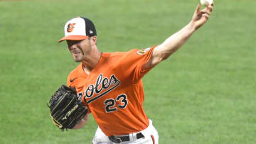 BALTIMORE, MD - AUGUST 01: Wade LeBlanc #23 of the Baltimore Orioles pitches in the third inning during a baseball game against the Tampa Bay Rays on August 1, 2020 at Oriole Park at Camden Yards in Baltimore, Maryland. (Photo by Mitchell Layton/Getty Images)