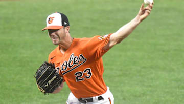 BALTIMORE, MD - AUGUST 01: Wade LeBlanc #23 of the Baltimore Orioles pitches in the third inning during a baseball game against the Tampa Bay Rays on August 1, 2020 at Oriole Park at Camden Yards in Baltimore, Maryland. (Photo by Mitchell Layton/Getty Images)