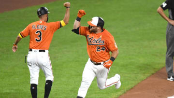 BALTIMORE, MD - SEPTEMBER 05: DJ Stewart #24 of the Baltimore Orioles celebrates a solo home with third base coach Jose Flores #3 in the seventh inning during a baseball game against the New York Yankees at Oriole Park at Camden Yards on September 5, 2020 in Baltimore, Maryland. (Photo by Mitchell Layton/Getty Images)